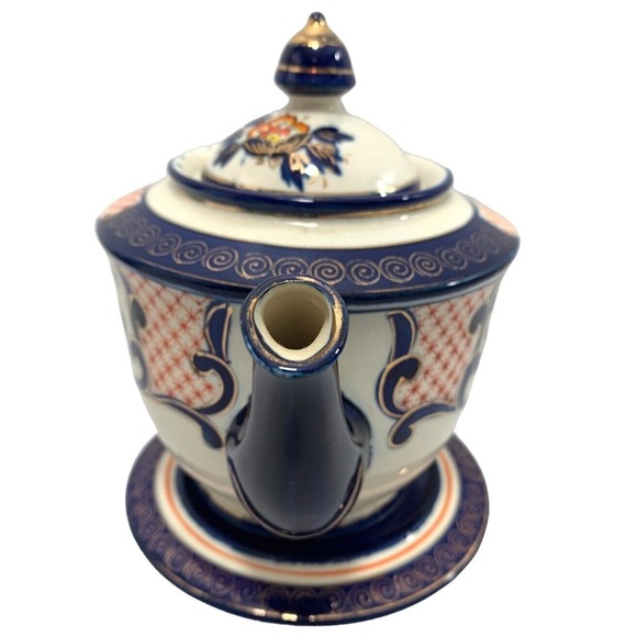 Vtg Moriyama Ceramic Teapot & Resting Plate Cobalt Blue Red Gold Gilded Japan - Picture 3 of 11